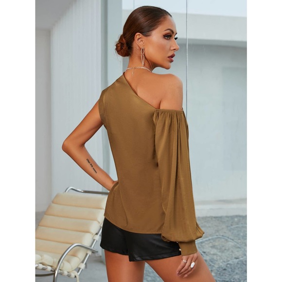 Asymmetrical one shoulder long sleeve tan Blouse - Picture 2 of 6